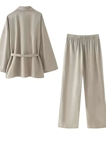 Plus Size Belt Long Sleeve Blazer and Pants Set WESTCLOSET