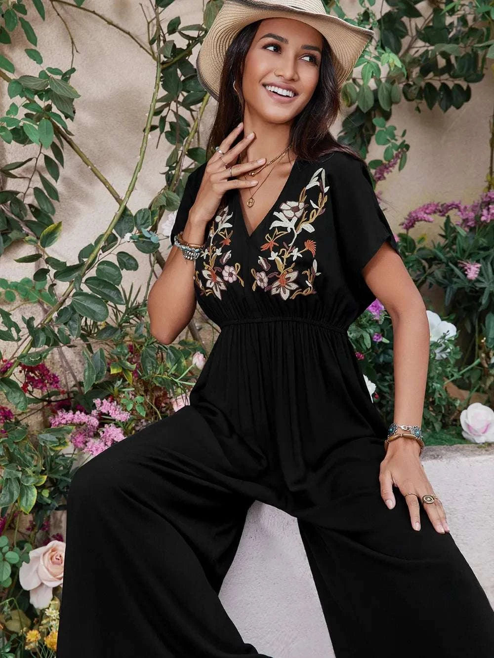 Embroidered Ruched Short Sleeve Jumpsuit WESTCLOSET