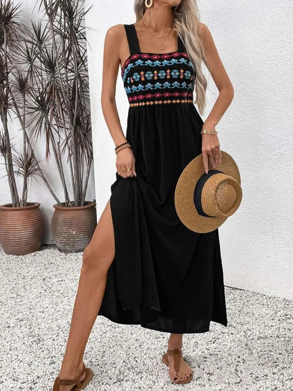 Perfee Embroidered Floral Side Slit Sleeveless Midi Dress WESTCLOSET
