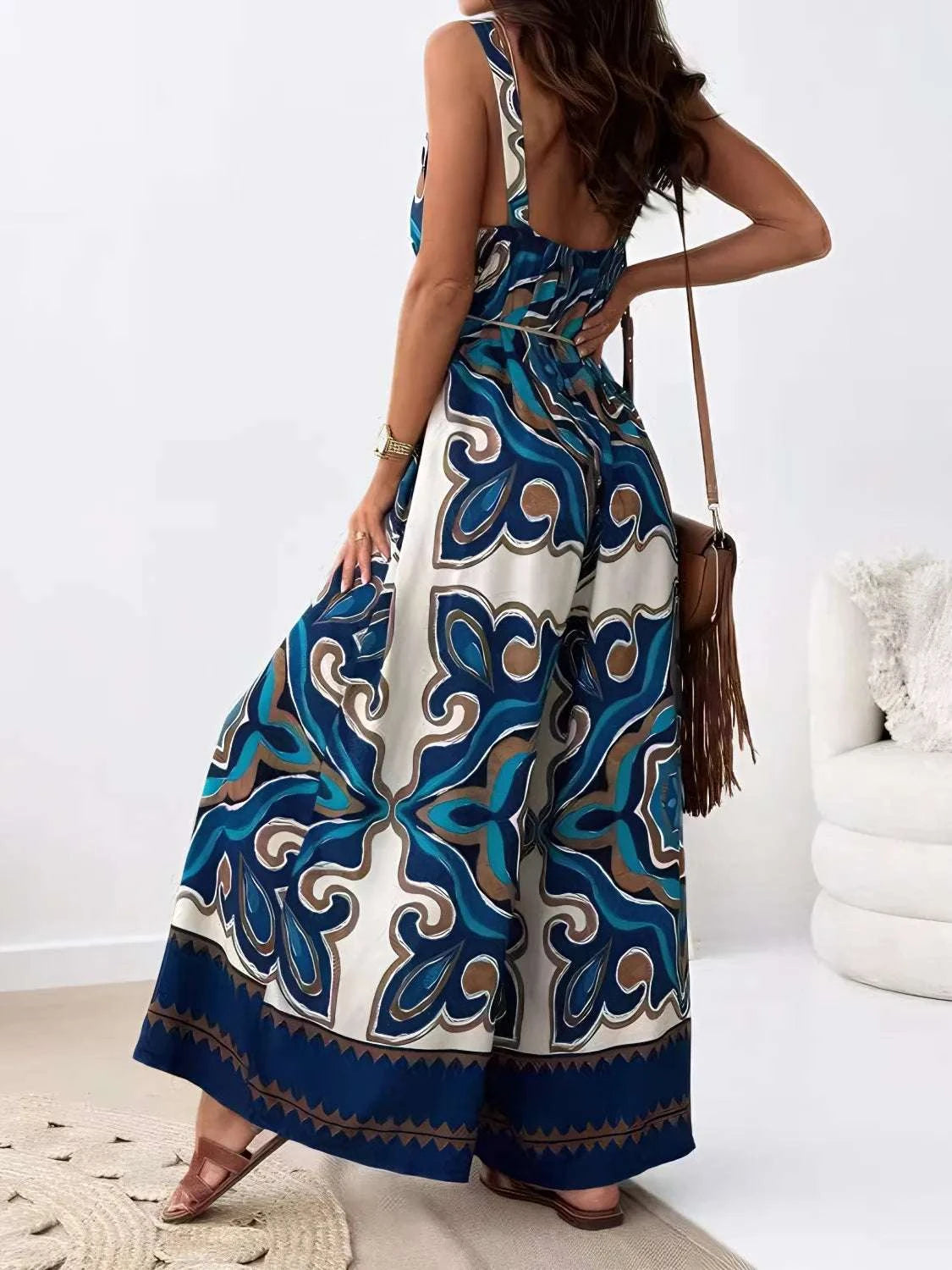 Printed V-Neck Wide Leg Jumpsuit WESTCLOSET