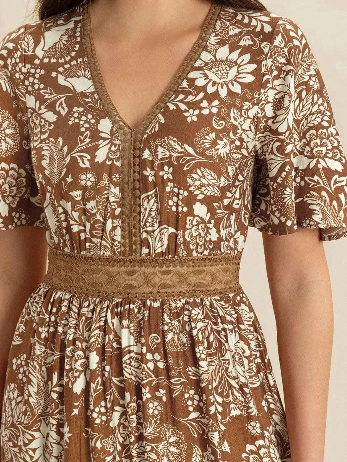 Lace Detail Printed Short Sleeve Midi Dress WESTCLOSET