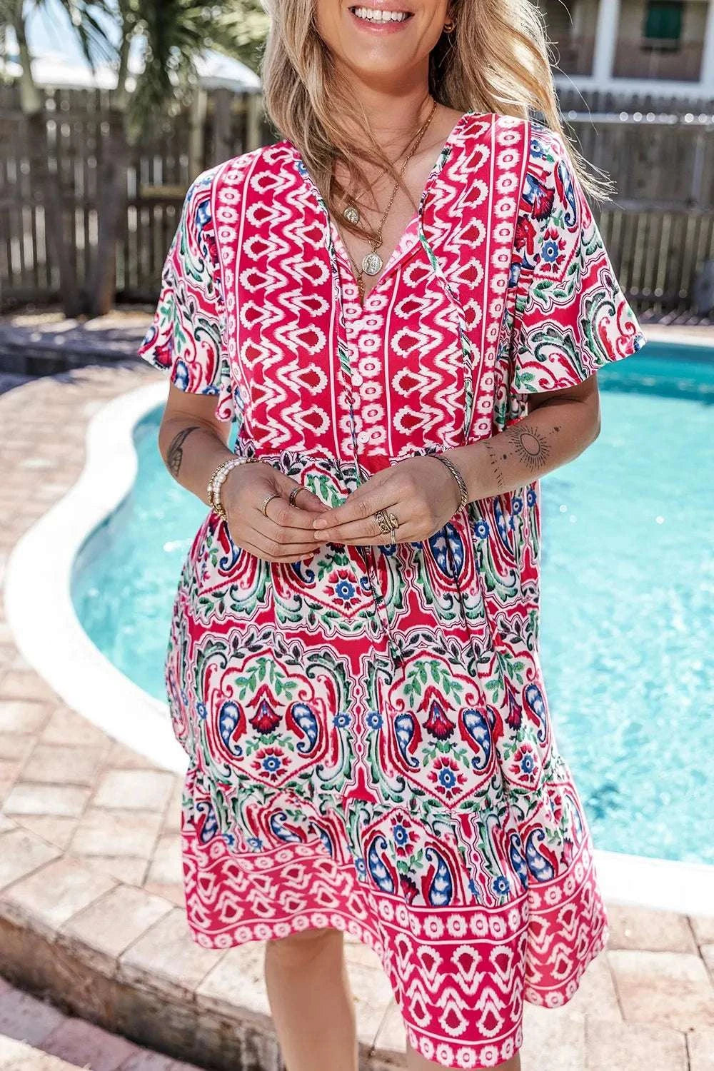 Printed Tie Neck Short Sleeve Dress WESTCLOSET