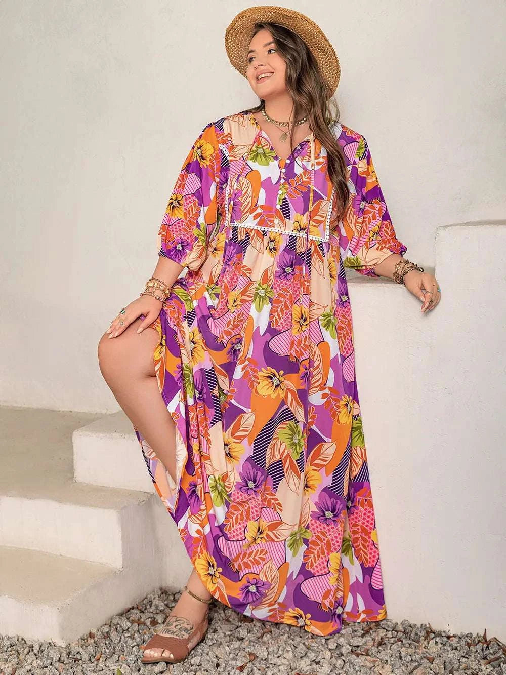 Plus Size Printed Tie Neck Maxi Dress WESTCLOSET