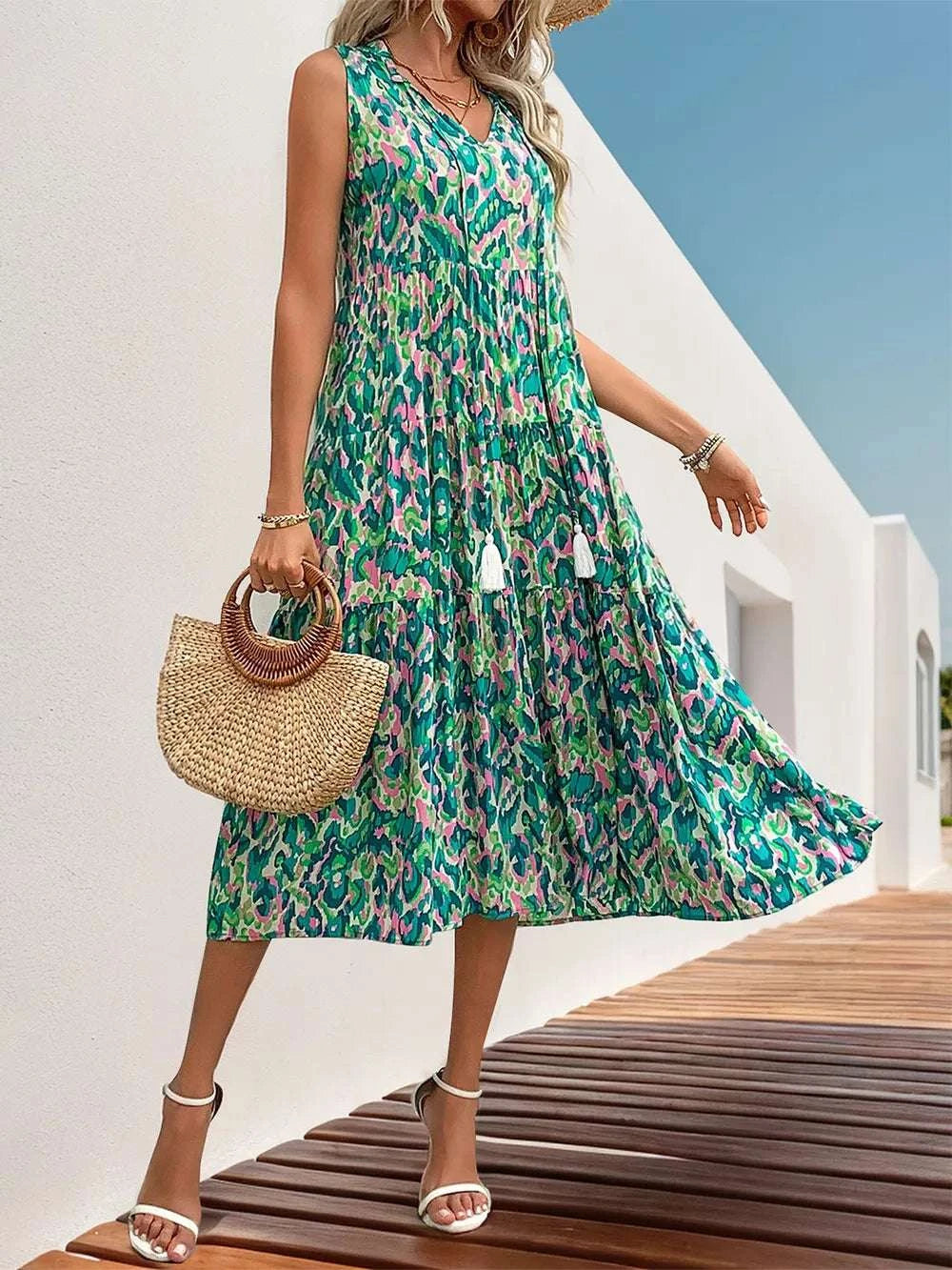 Perfee Tassel Printed Tie Neck Sleeveless Dress WESTCLOSET