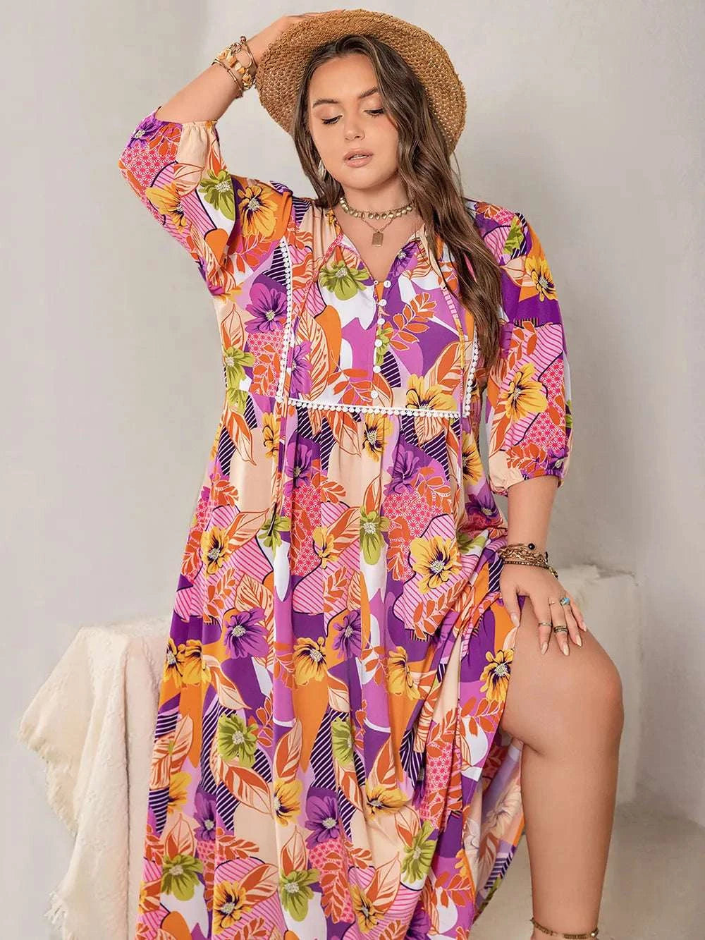 Plus Size Printed Tie Neck Maxi Dress WESTCLOSET