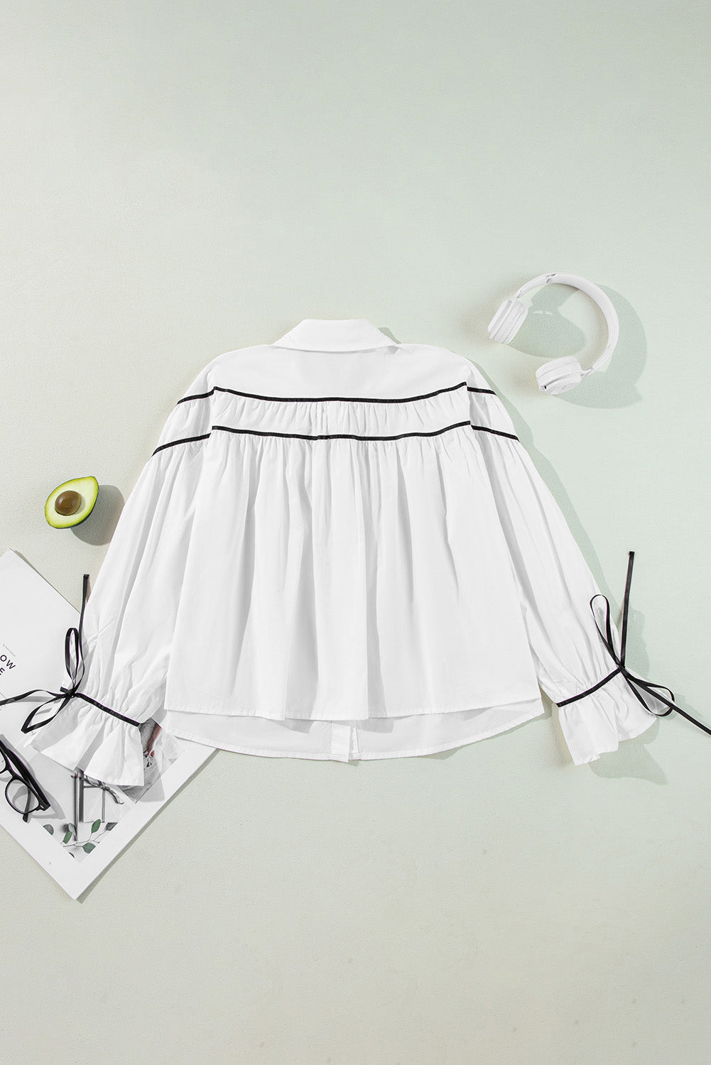 WestCloset Ribbon Bowtie Collared Neck Flounce Sleeve Shirt 