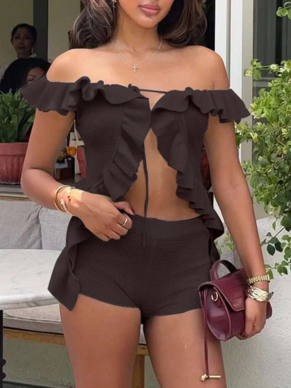 Off-Shoulder Ruffle Top and Shorts Sweater Set WESTCLOSET