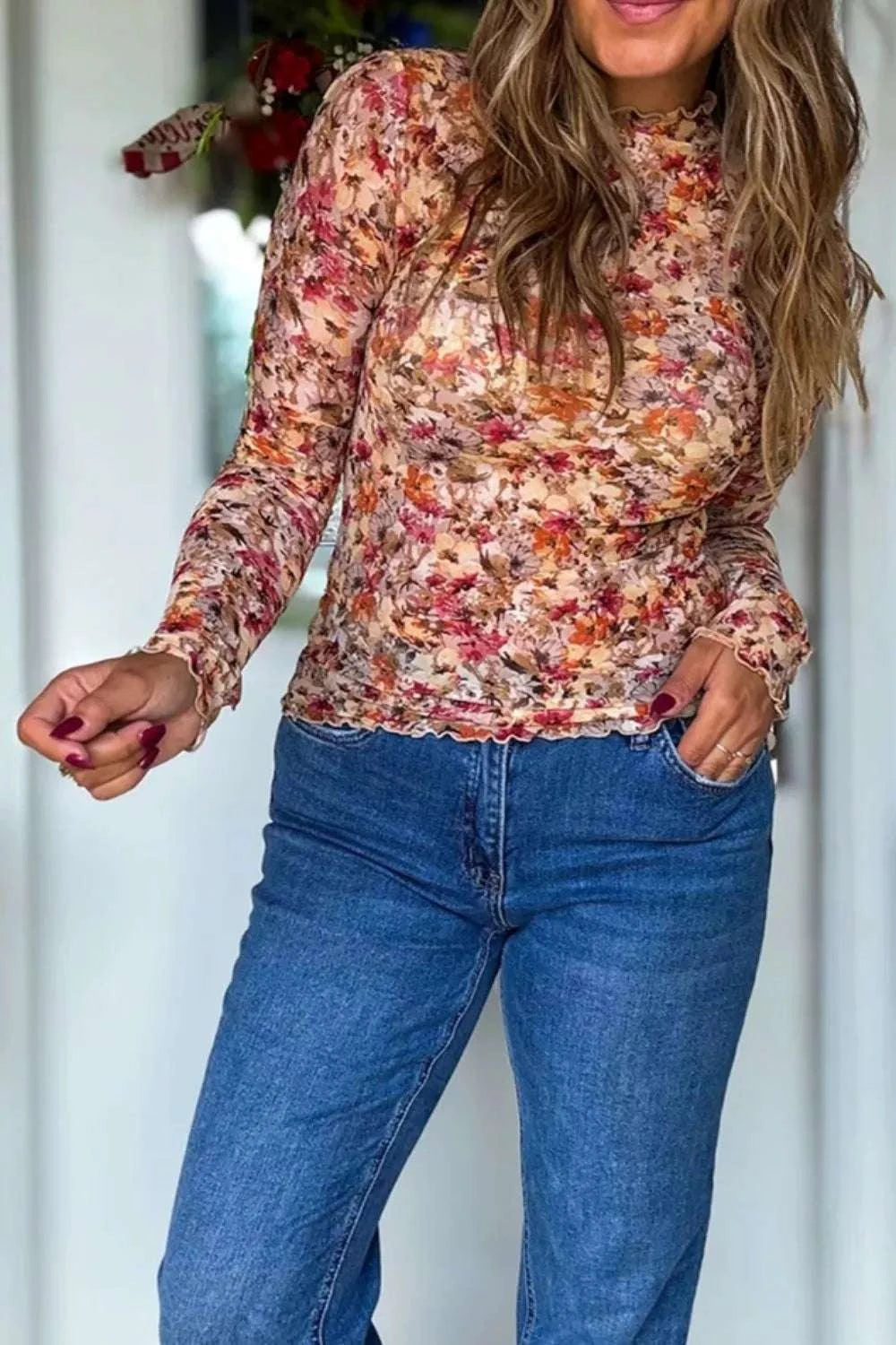 Floral Print Mesh Long Sleeve T-Shirt WESTCLOSET