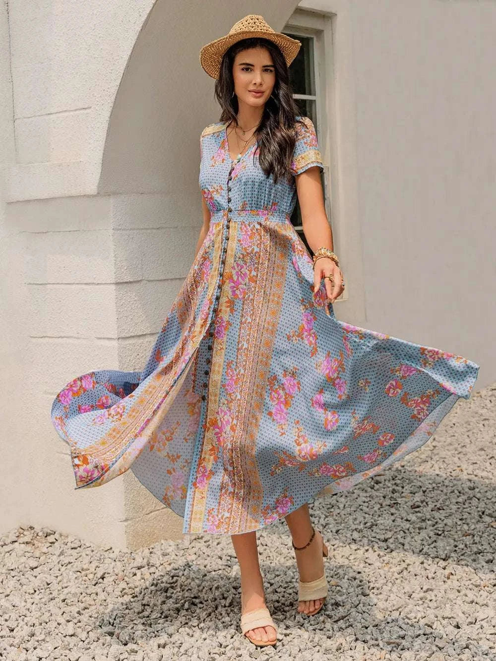 Smocked Floral V-Neck Short Sleeve Midi Dress WESTCLOSET