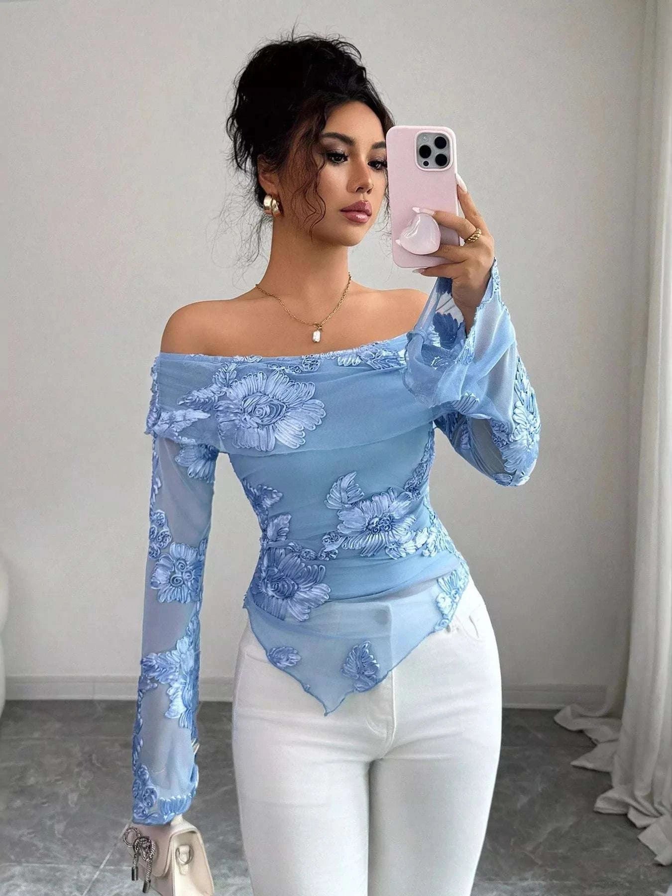 Floral Off-Shoulder Mesh Blouse WESTCLOSET