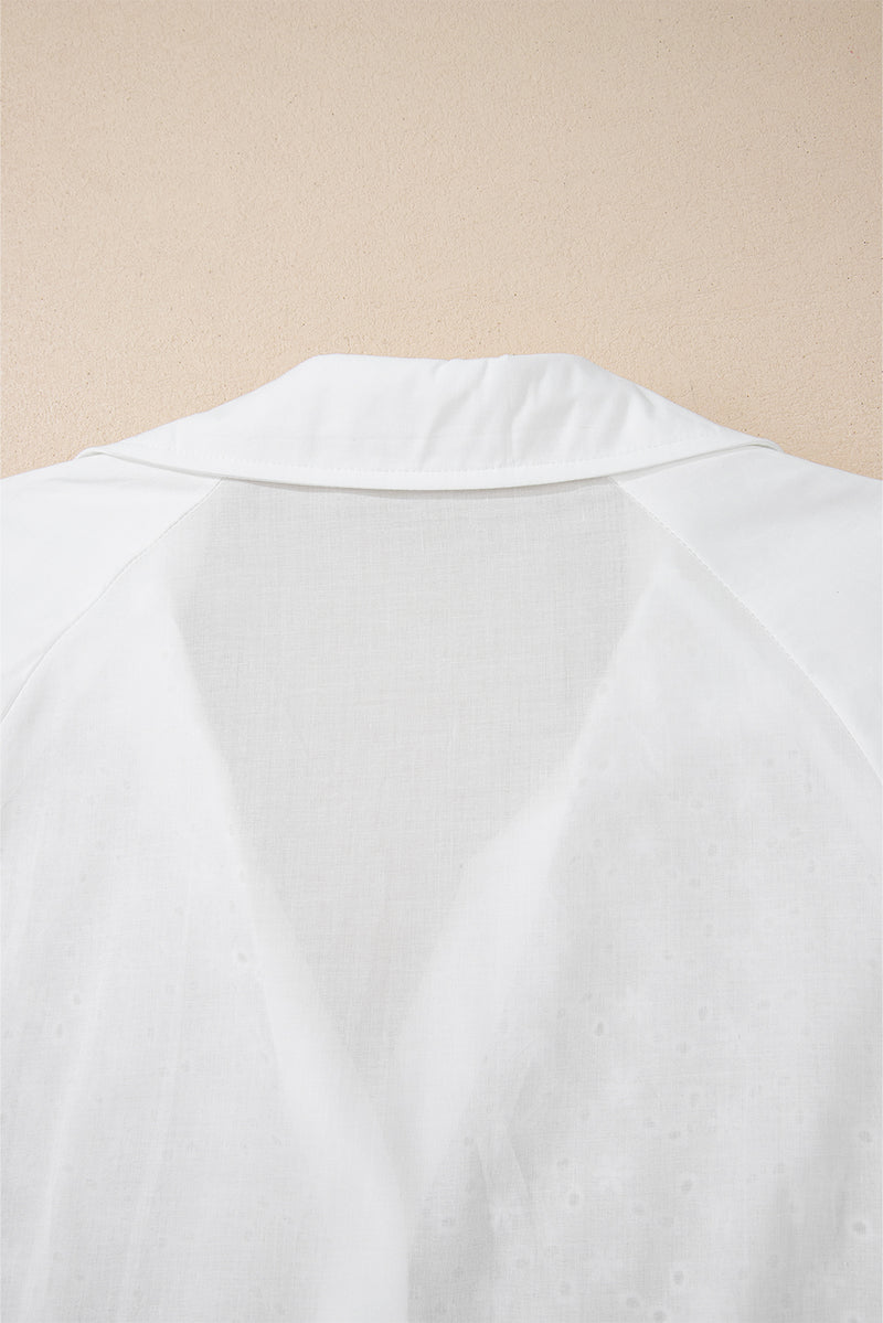 Embroidered Eyelet Collared Neck Long Sleeve Shirt