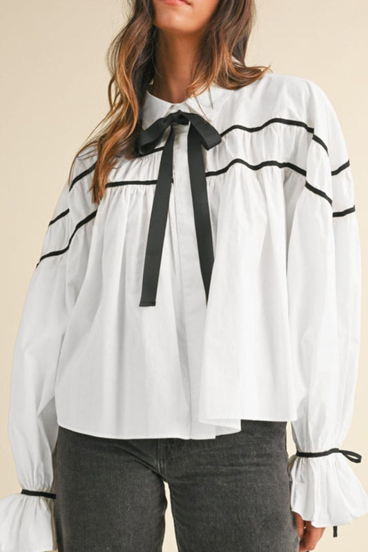 WestCloset Ribbon Bowtie Collared Neck Flounce Sleeve Shirt 