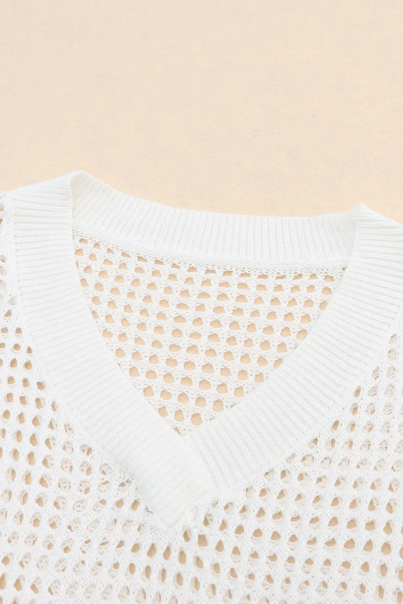 Openwork V-Neck Dropped Shoulder Knit Top