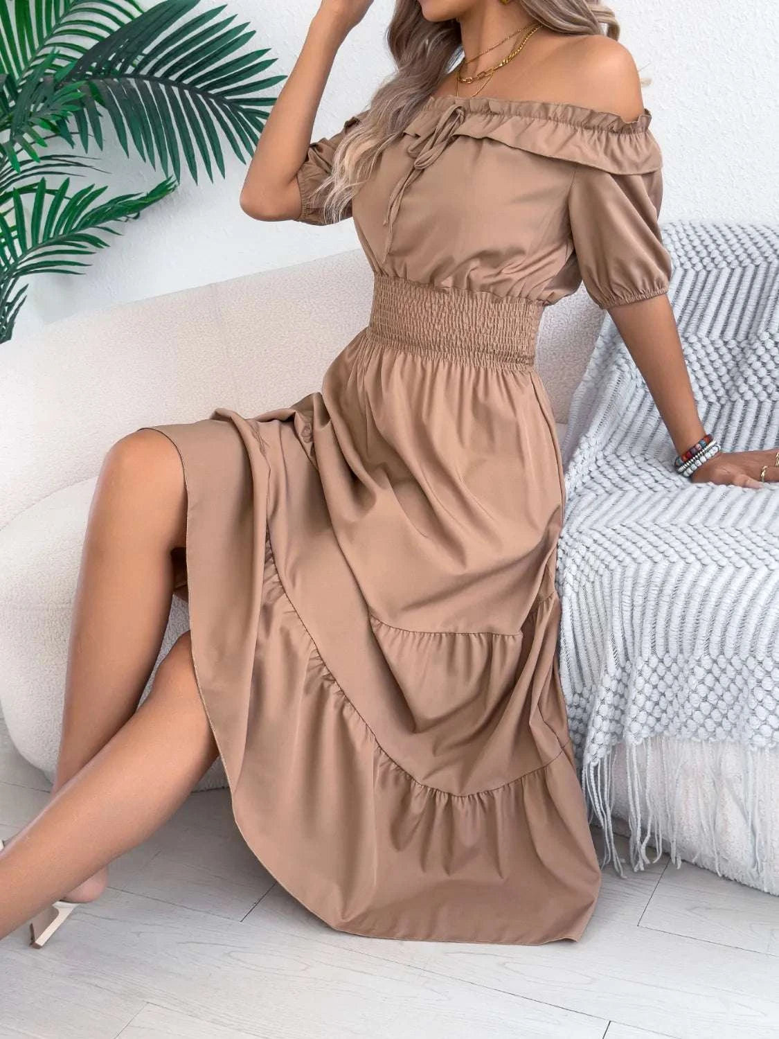 Smocked Off-Shoulder Tiered Dress WESTCLOSET