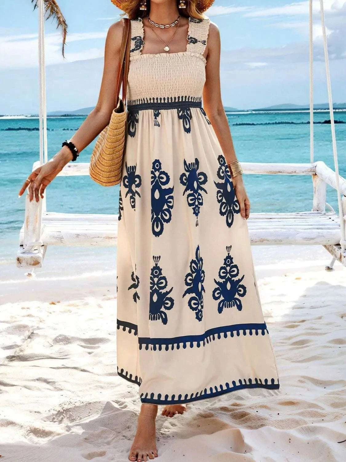 Smocked Printed Wide Strap Maxi Dress WESTCLOSET