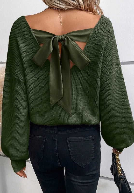 WestCloset Tied Back V-Neck Long Sleeve Sweater 