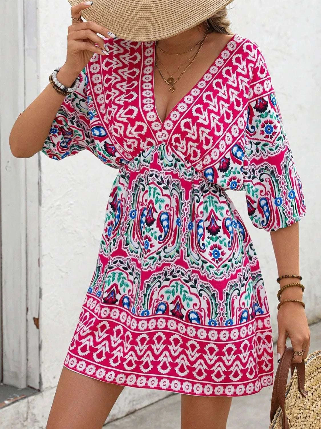 Printed Tie Back Half Sleeve Mini Dress WESTCLOSET