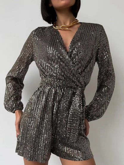 WestCloset Full Size Sequin Surplice Tie Waist Long Sleeve Romper 