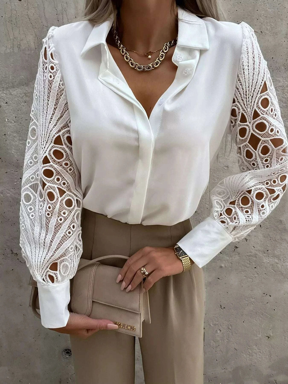 Lace Sleeve Collared Neck Blouse WESTCLOSET