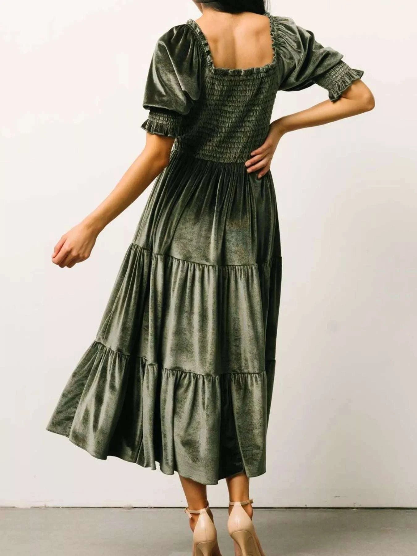 Velvet Smocked Tiered Midi Dress WESTCLOSET