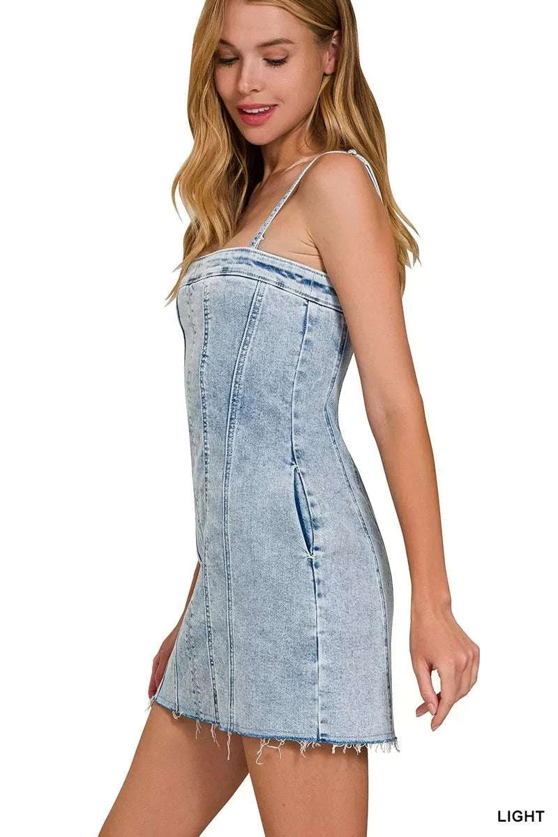 Zenana Spaghetti Strap Exposed Seam Light-Wash Dress WESTCLOSET