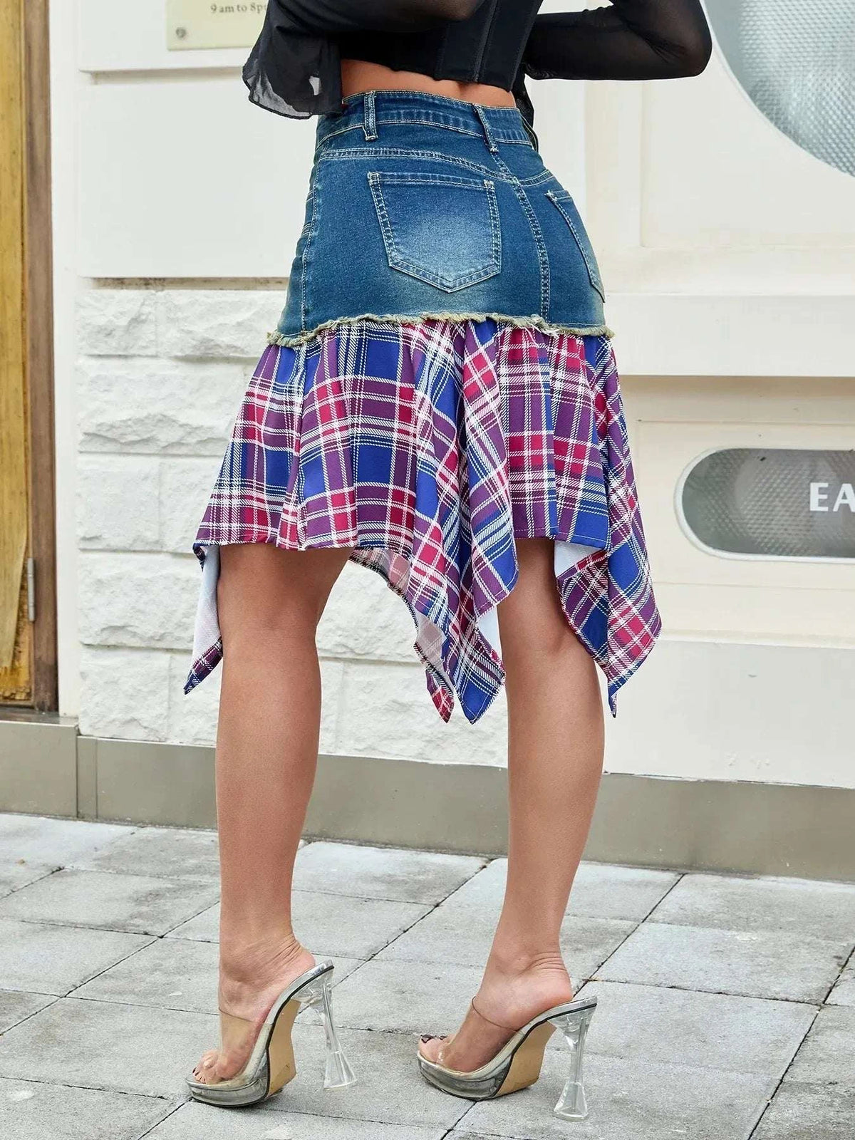 Asymmetric Plaid Hem Denim Skirt WESTCLOSET