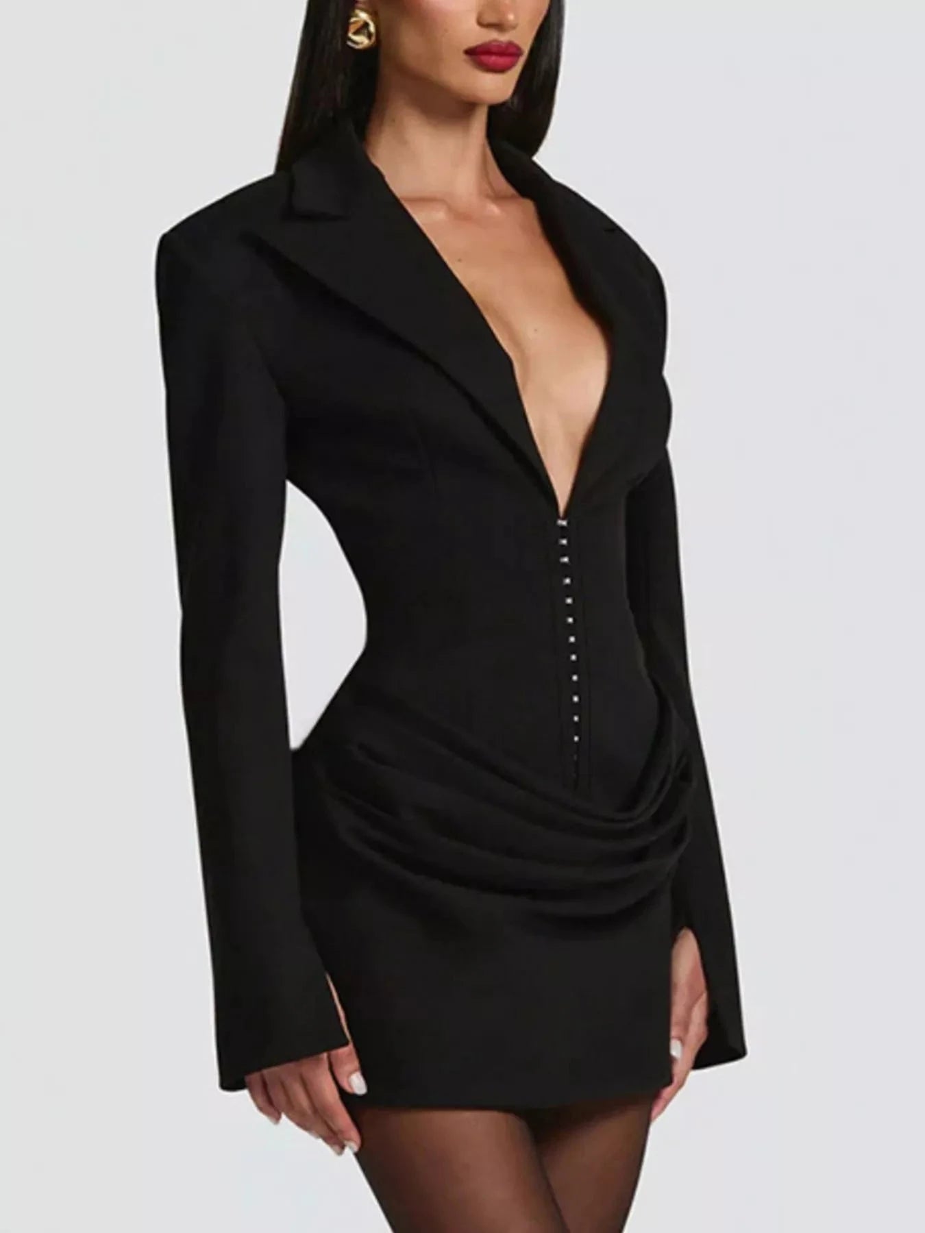 Brown Blazer-Style Long Sleeve Mini Dress (Also Plus Size) Black / L By Trendsi Brown Blazer-Style Long Sleeve Mini Dress (Also Plus Size) Black / L By Trendsi