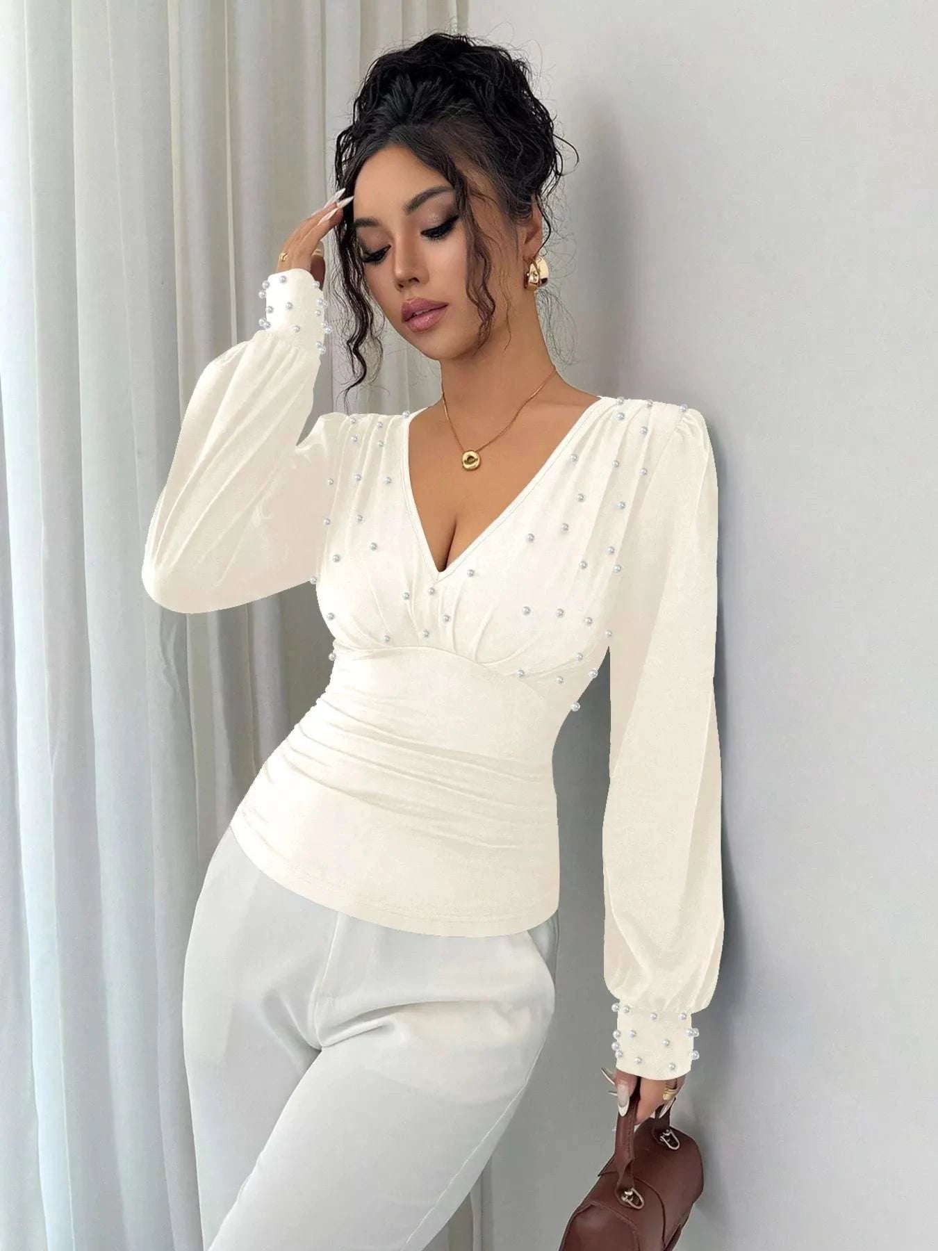 Pearl Embellished V-Neck Blouse WESTCLOSET