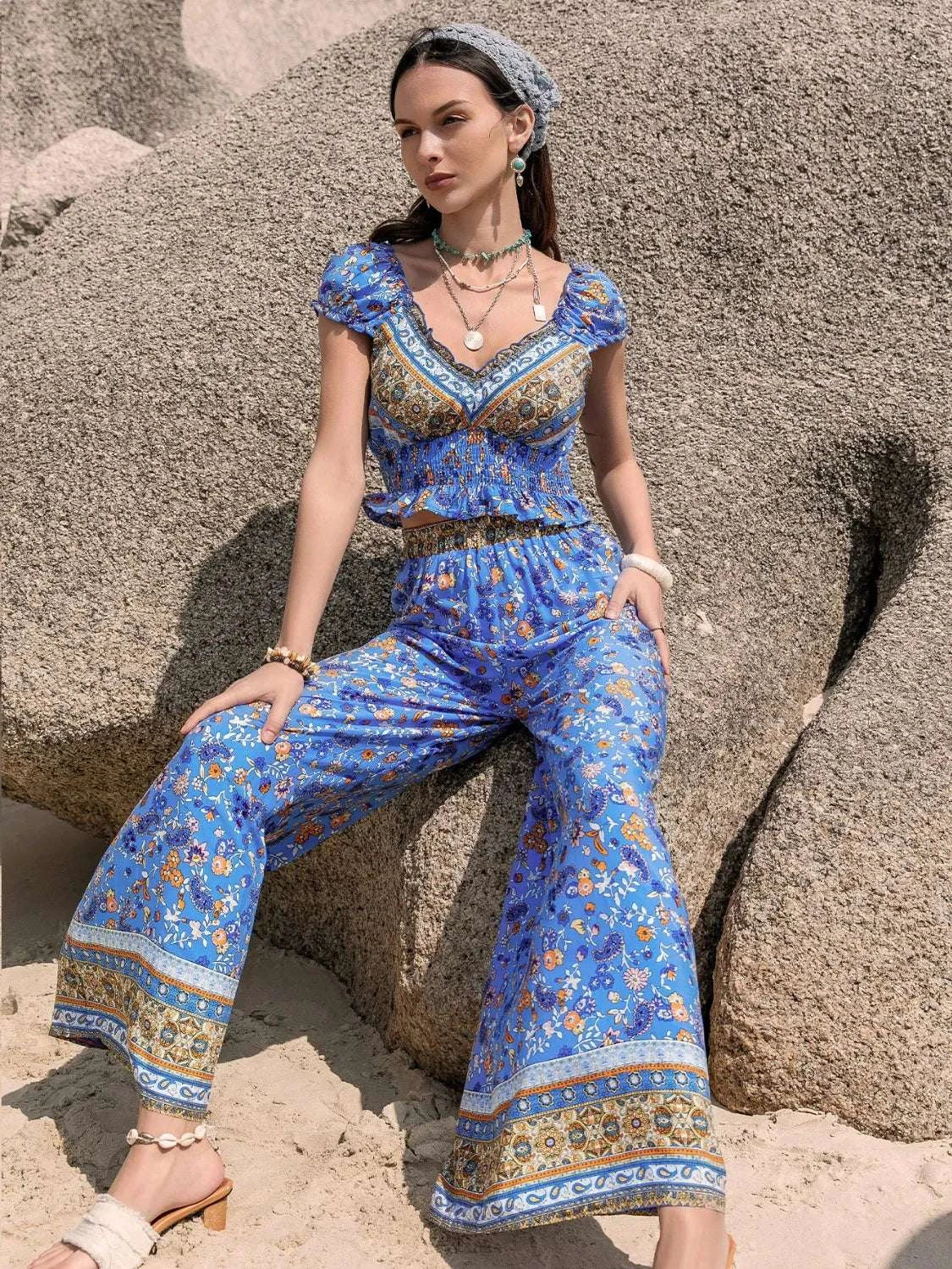 Printed V-Neck Top and Pants Set WESTCLOSET