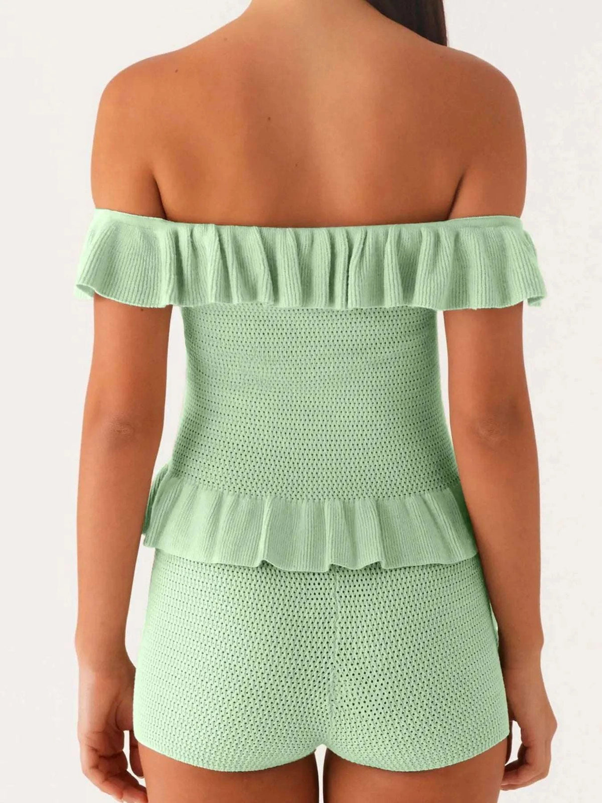 Off-Shoulder Ruffle Top and Shorts Sweater Set WESTCLOSET