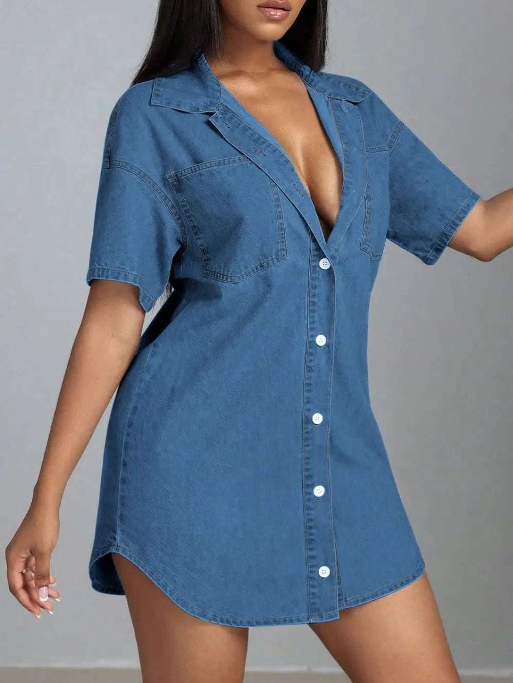 Button Down Collared Neck Denim Dress WESTCLOSET