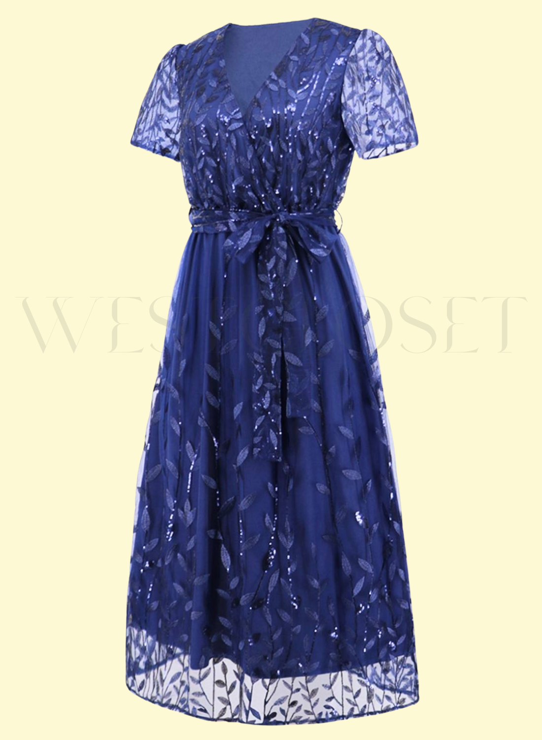 side view of dark blue sequin embroidered midi dress