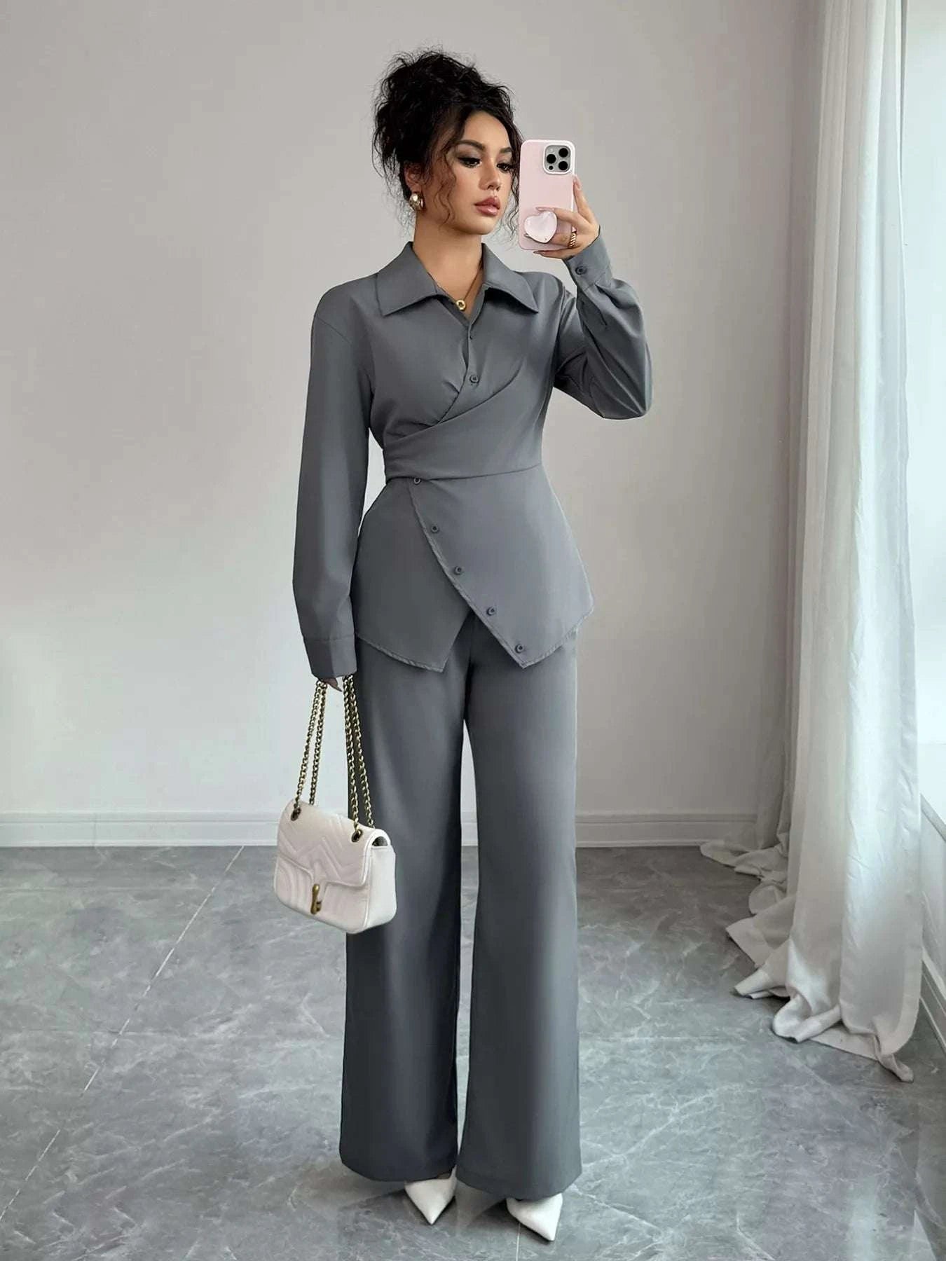 Back Tie Wrap Blazer and Wide Leg Pants Set WESTCLOSET