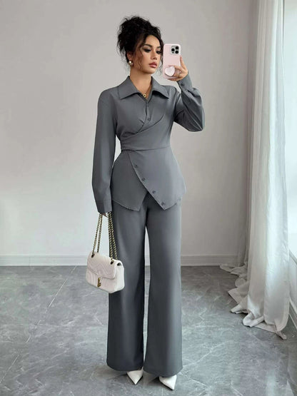Back Tie Wrap Blazer and Wide Leg Pants Set WESTCLOSET