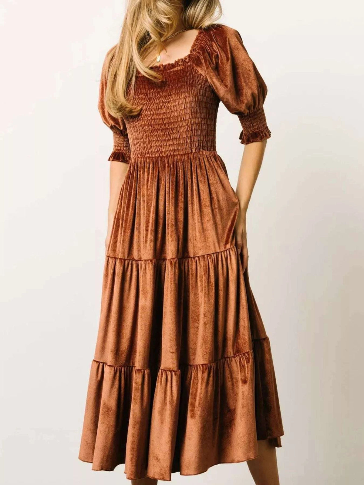 Velvet Smocked Tiered Midi Dress WESTCLOSET