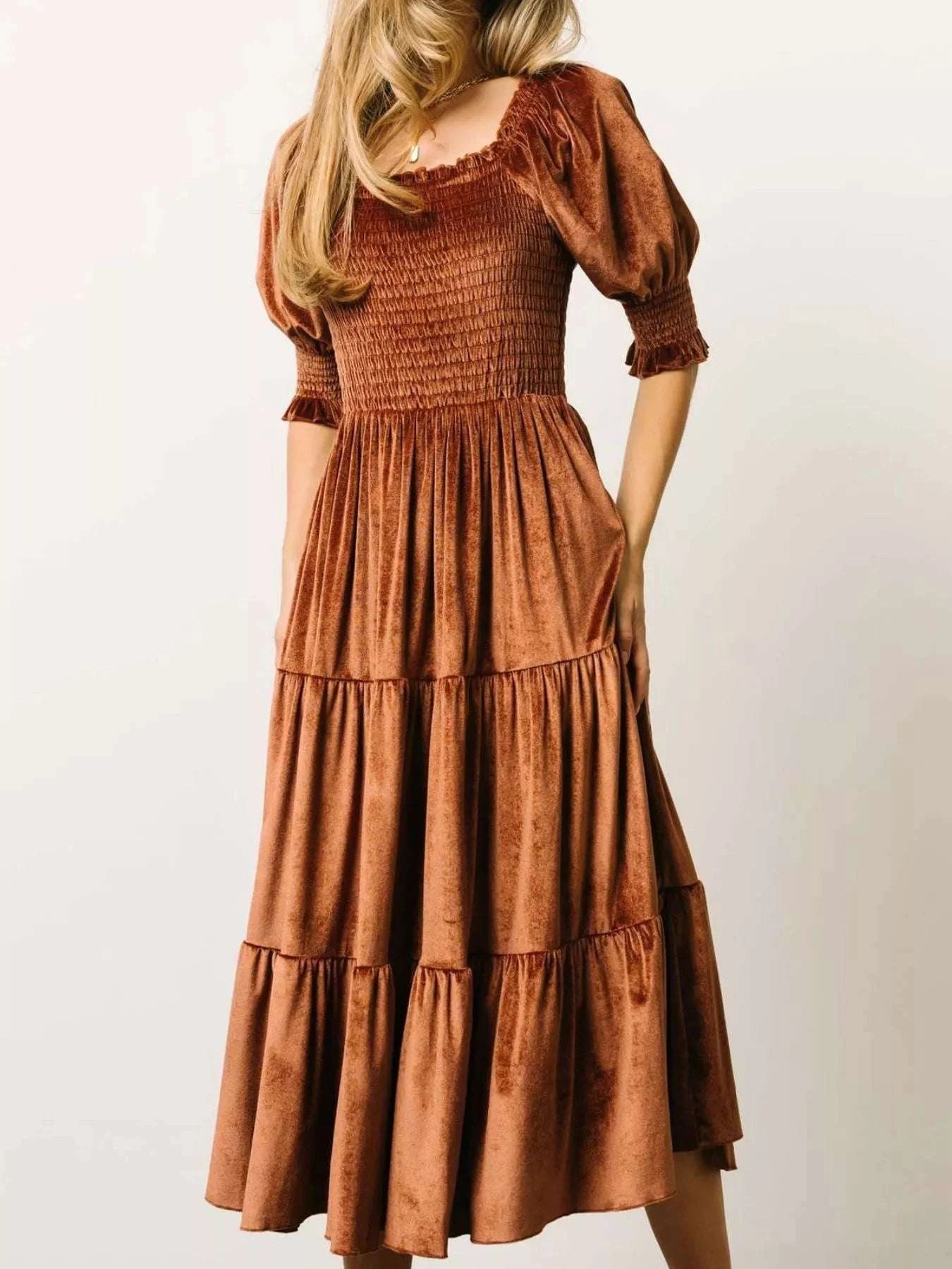 Velvet Smocked Tiered Midi Dress WESTCLOSET
