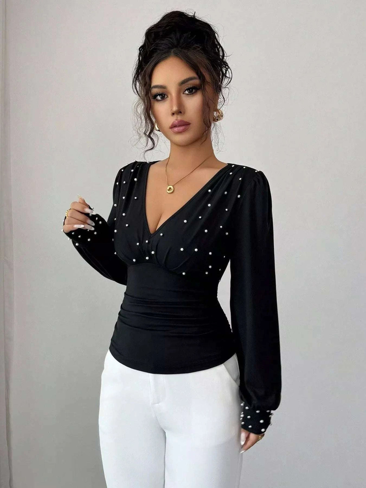 Pearl Embellished V-Neck Blouse WESTCLOSET