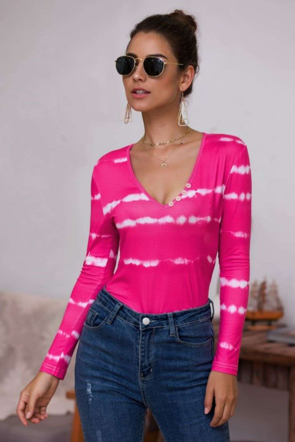 Tie-Dye Plunge Long Sleeve Top WESTCLOSET