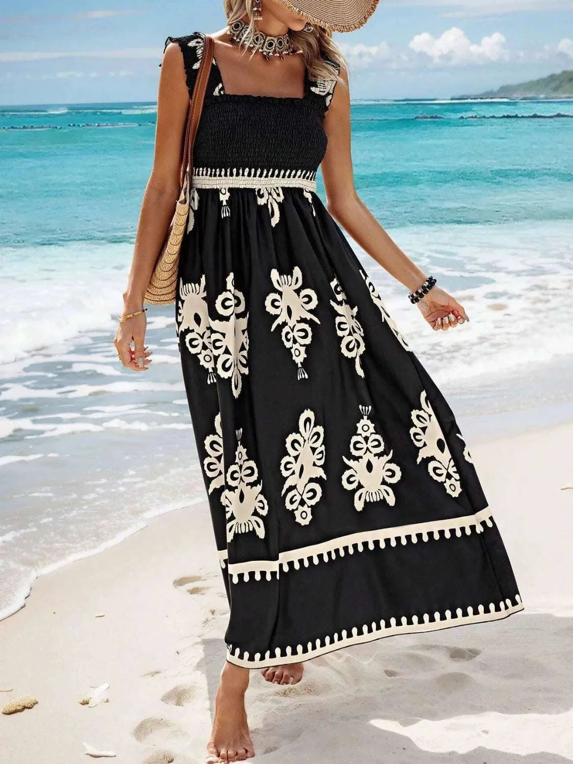 Smocked Printed Wide Strap Maxi Dress WESTCLOSET