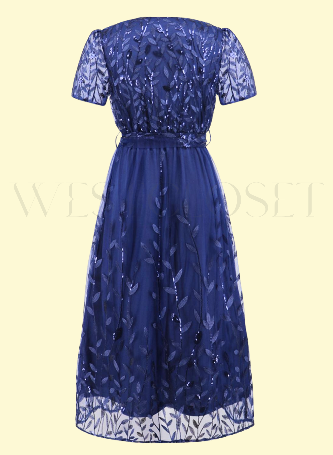 back view of dark blue sequin embroidered midi dress by Closet