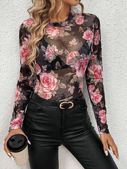 Mesh Floral Mock Neck Long Sleeve Top WESTCLOSET