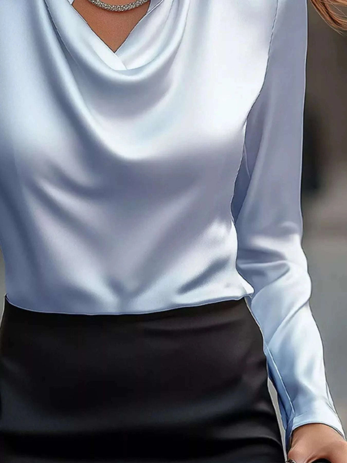 Full Size Satin Cowl Neck Long Sleeve Blouse Plus Size WESTCLOSET