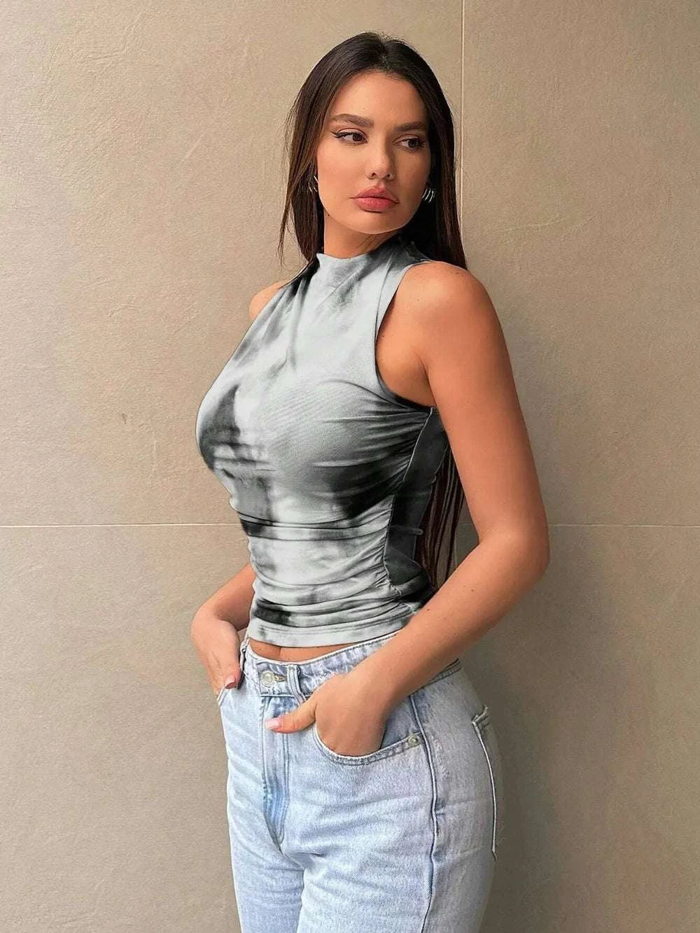 Printed Mock Neck Ruched Tank WESTCLOSET