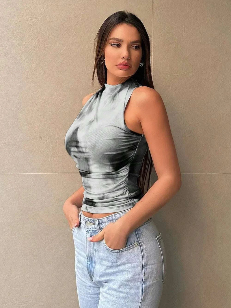 Printed Mock Neck Ruched Tank WESTCLOSET