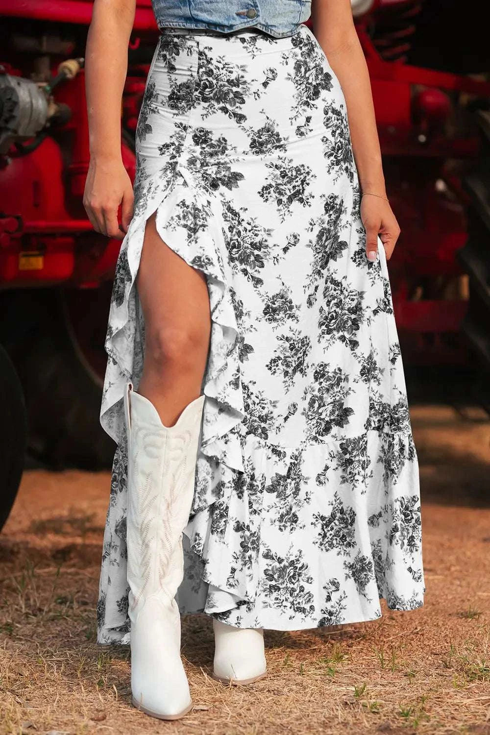 Boho Floral High Waist Ruffle Split Maxi Skirt WESTCLOSET