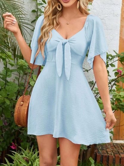 Smocked Back Knotted Flutter Sleeve Dress WESTCLOSET