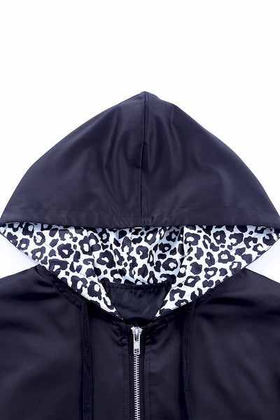 Double Take Leopard Color Block Zip-Up Hooded Jacket
