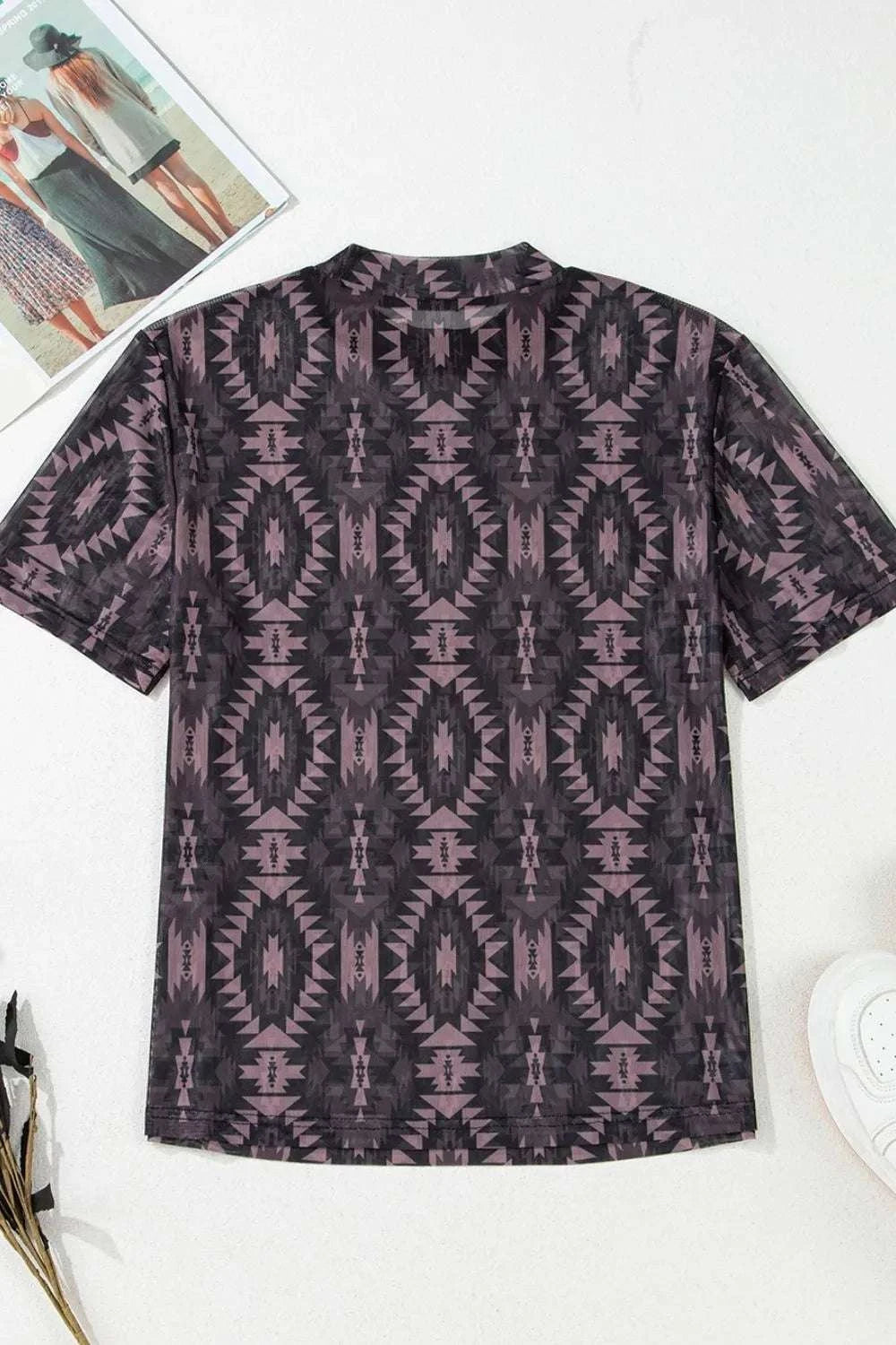Aztec Print Mock Neck Short Sleeve Mesh T Shirt WESTCLOSET