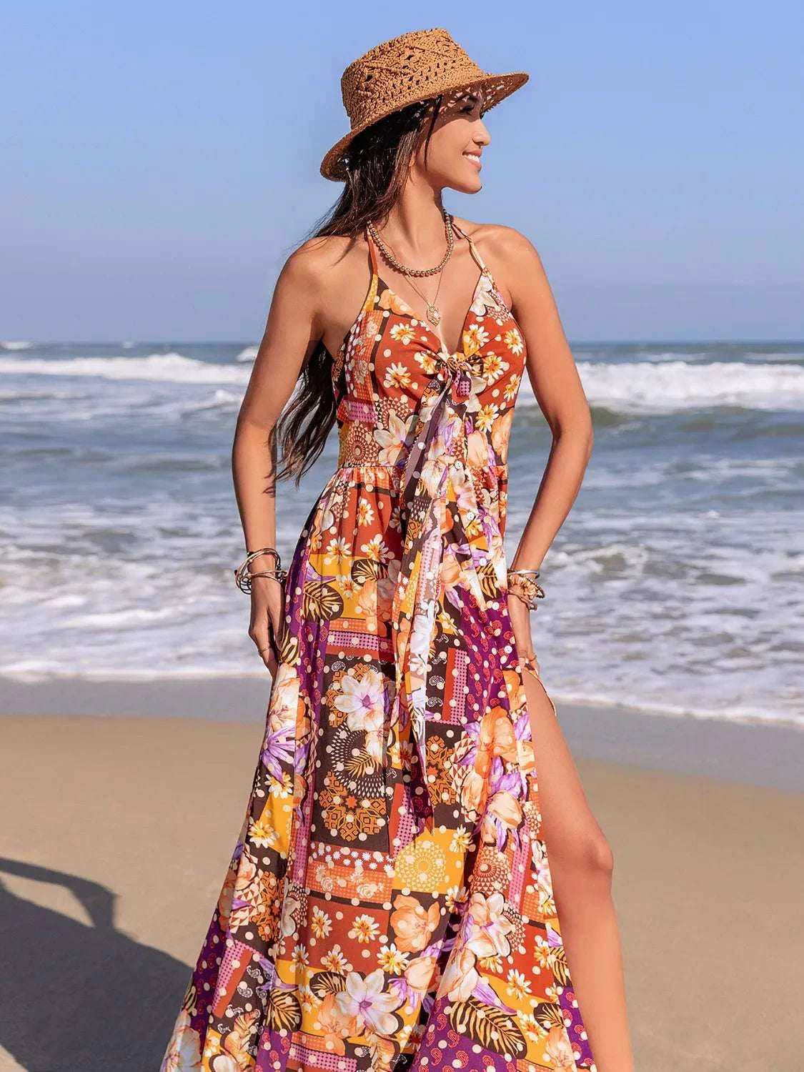Slit Printed Halter Neck Cami Dress WESTCLOSET