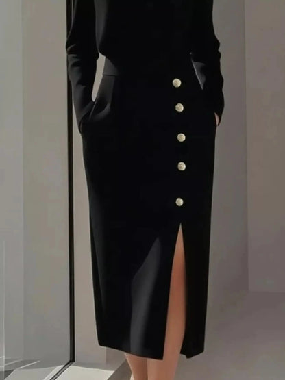 Long Sleeve Button Detail Midi Dress with Side Slit WESTCLOSET